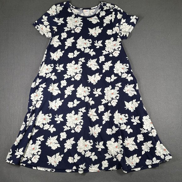 LuLaRoe Dress Womens Medium Navy Blue Floral A-Line Stretch Short Sleeve Pockets - Picture 1 of 9